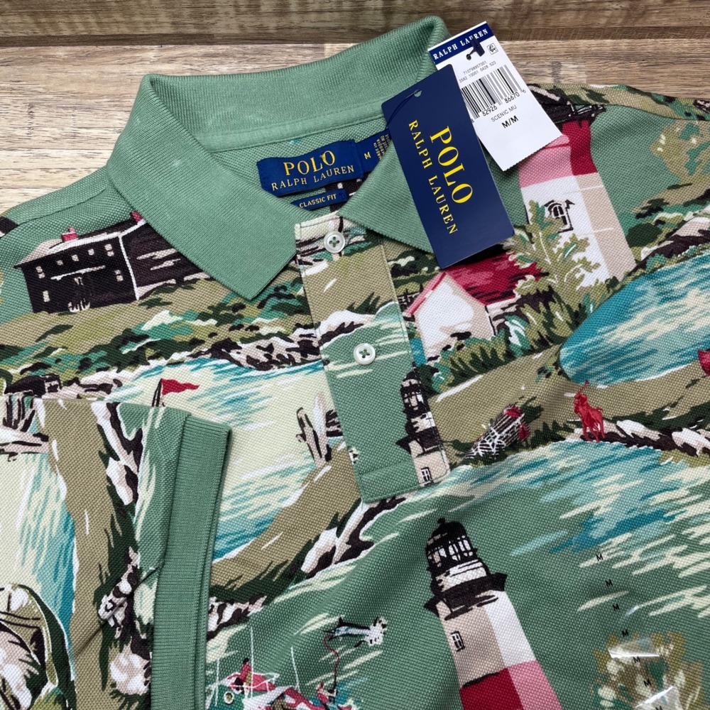 Polo Ralph Lauren Mens Classic Scenic Lighthouse Print Polo Shirt Green Medium